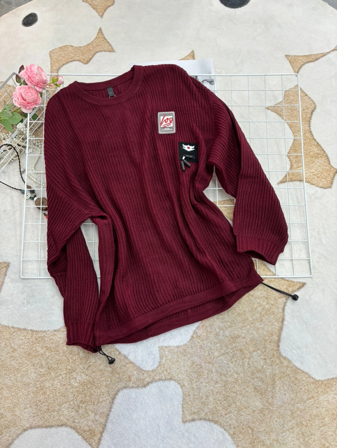 

High Quali Faionable Retro Red round Ne Pullover Sweater Women's Spring Autumn Loose Slimming Ele Sle Long Sve