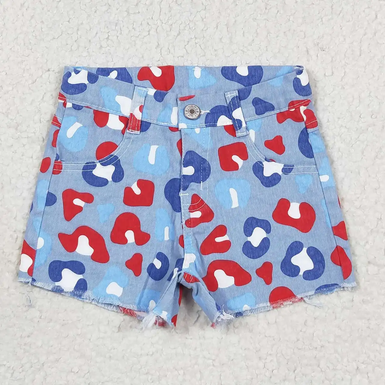 Whoelsale RTS baby girl patriotic shorts red white blue leopard pocket denim shorts girl jeans kids 4th of july clothing