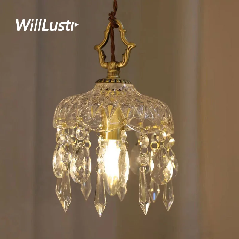 

French Style Brass Pendant Lamp K9 Crystal Suspension Light Porch Aisle Balcony Bedside Hallway Glass Hanging Ceiling Chandelier