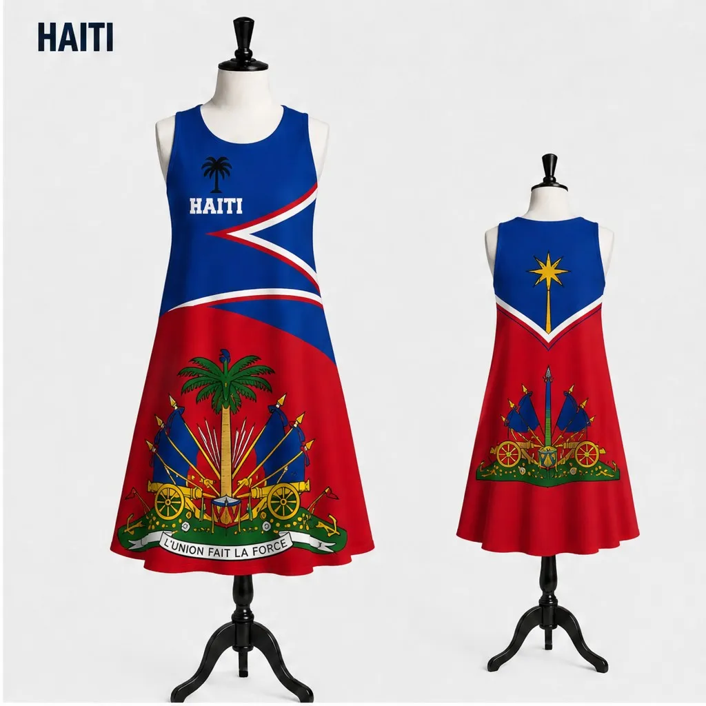 Womens Sleeveless Loose Dress Haiti Palm Crest Print Casual Swing Tank Sundress Summer Vacation Beach Ready Style Relaxed Wear view 3