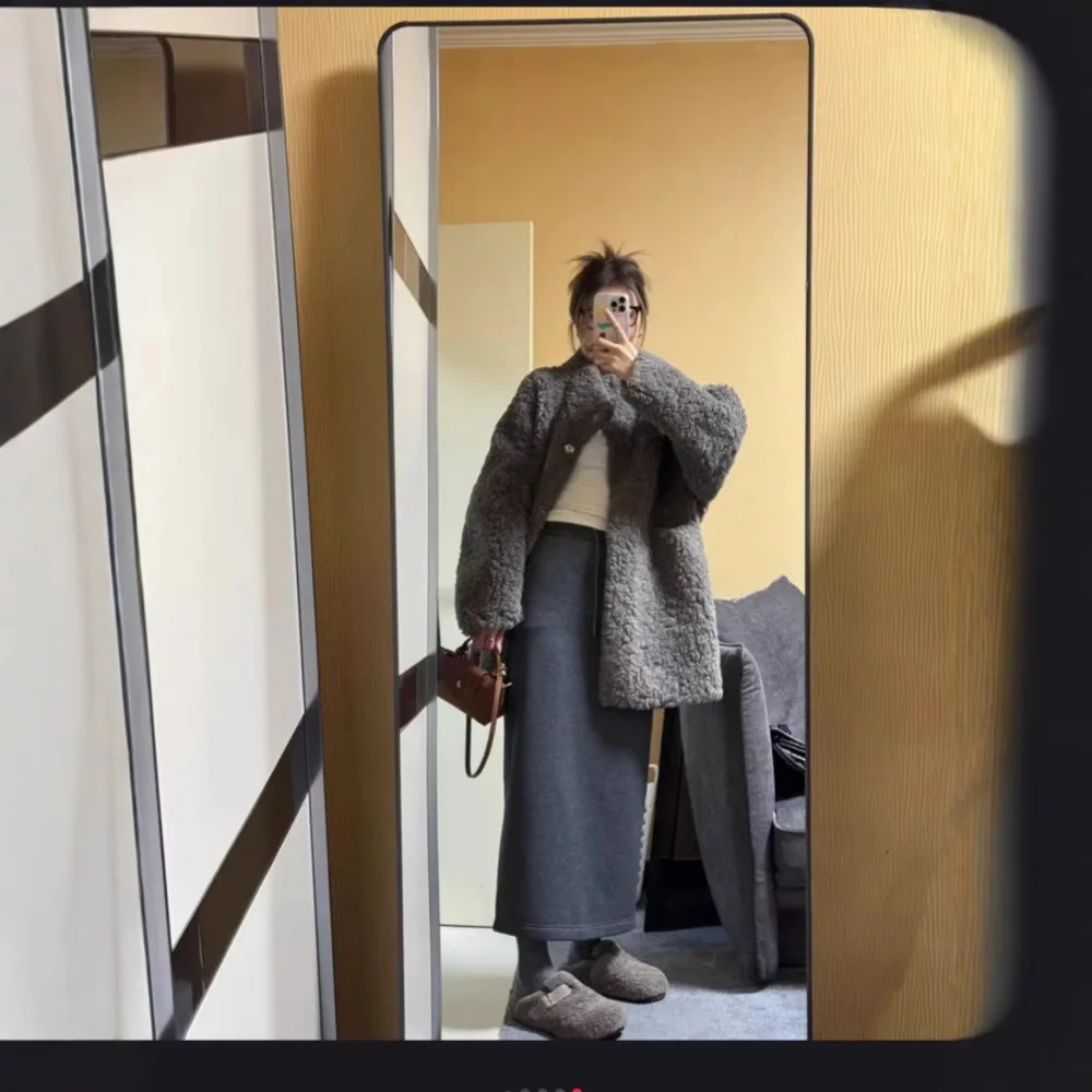 Manteau en laine d'agneau intégré pour femme, moyen et Long, ample, paresseux, haut de gamme, décontracté, automne et hiver 2024