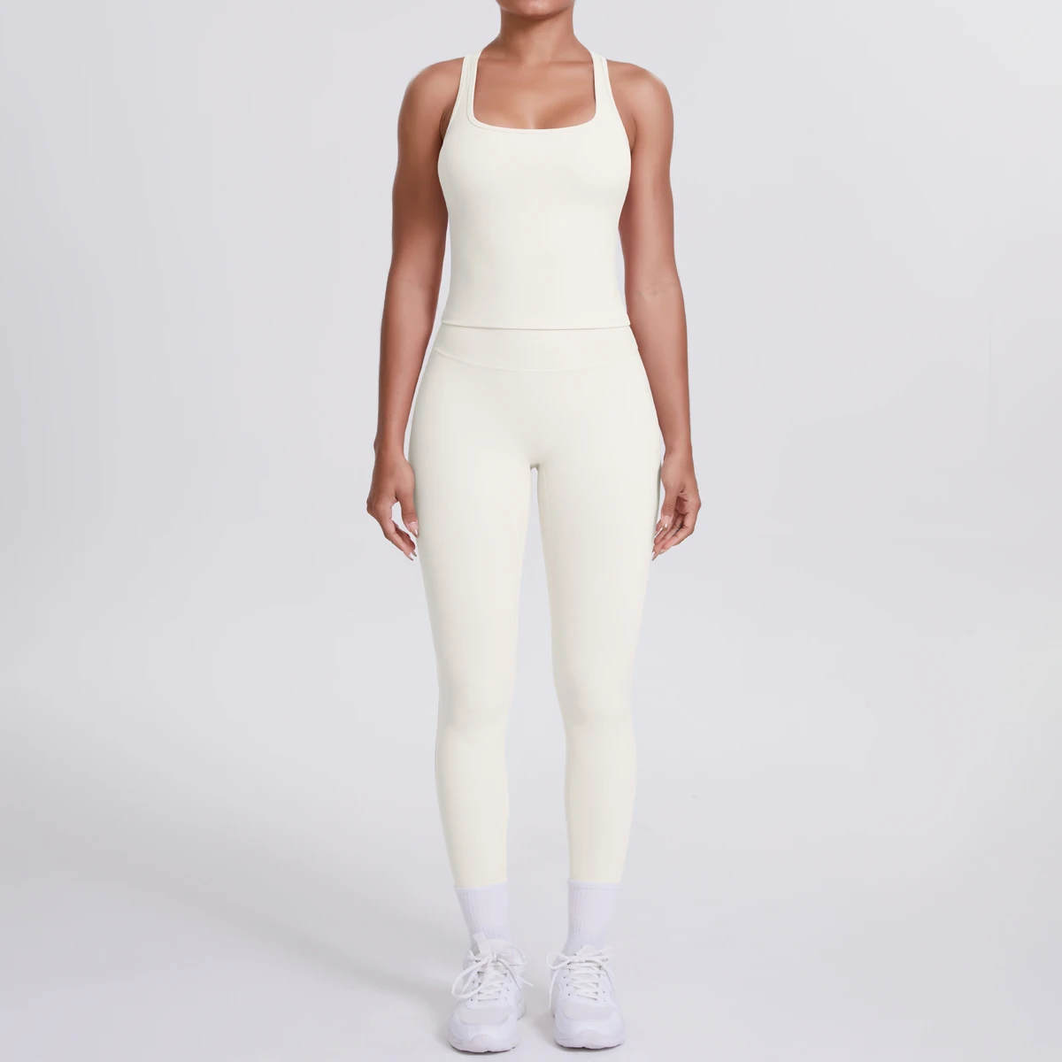 Hamidou 2-teiliges Damen-Yoga-Set, schnell trocknende, hüftformende Fitnesshose, Yoga-Leggings, einfarbig, Gym, schöner Rücken, I-förmige Weste – Detail 32