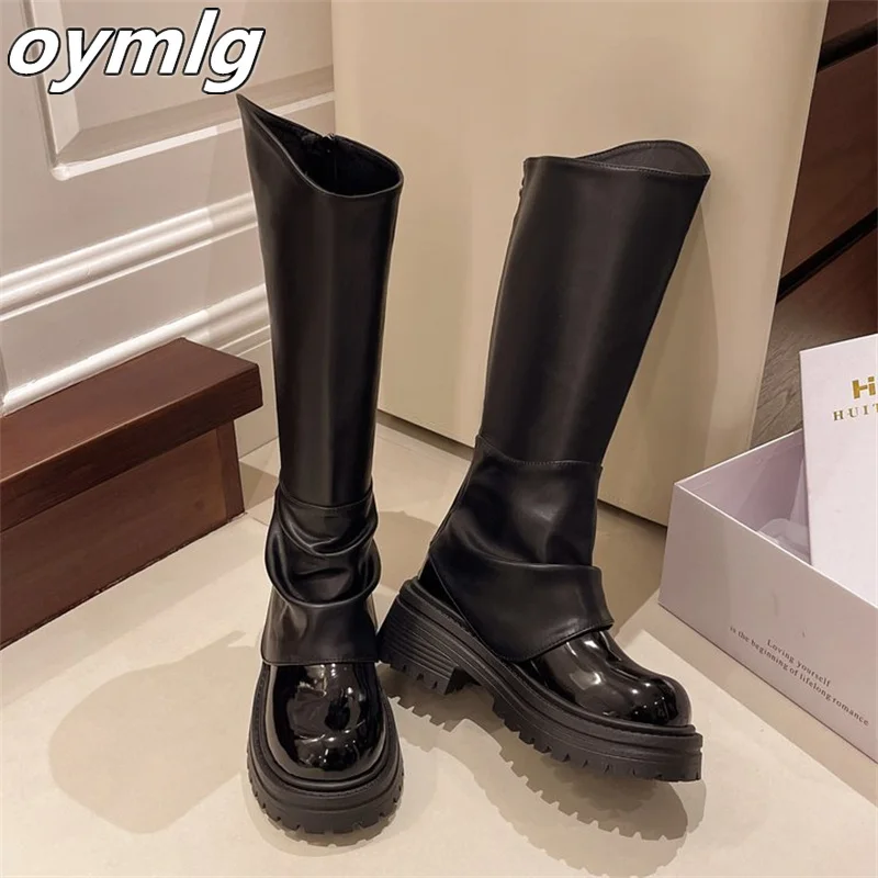 Long tube boots for women autumn and winter round toe retro high tube knight boots thick soled v mouth heel thick heel slim boot