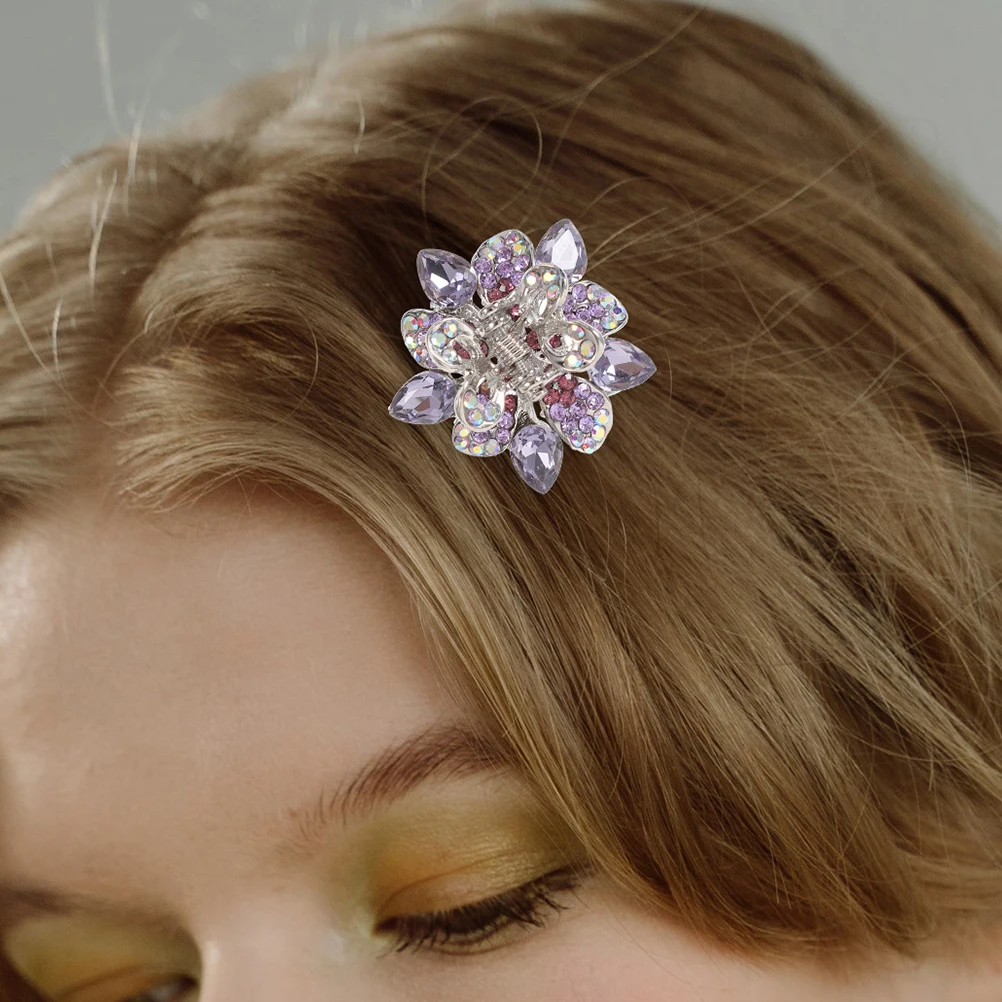

2Pcs Mini Claw Hair Clips Purple Alloy Studded Accessories for Kids Women Thin Hair Bangs Wedding Birthday Stage Performance