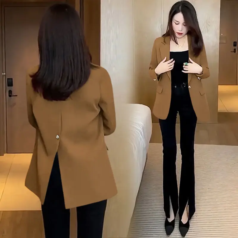 

Office Blazer Jacket Women's 2023 New Autumn Korean Slim Button Small Suit With Split Back Street Coat Ladies Long-Sleeved Tops