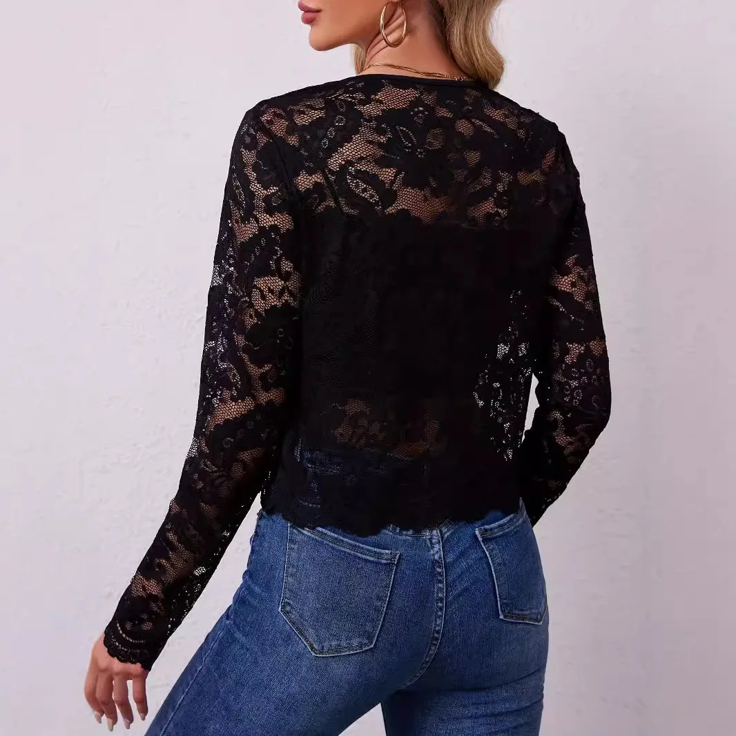 2026 Amazon New Autumn and Winter Elegant Women's Long-sleeved Perspective Lace Jacket Cardigan Top Cw34022