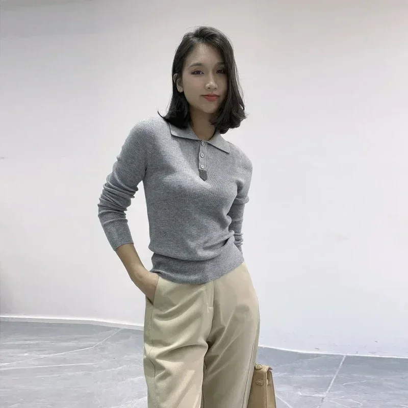 

Women Lapel 100% Wool Sweater Pure Wool Shirt Bottoming Knitted Chain Commuter Ladies Sweater