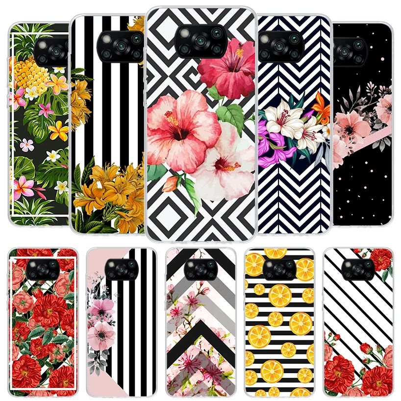 Black White Stripes Flower Cover Phone Case For Xiaomi Poco X6 X5 X4 Nfc X3 Pro F6 F5 F4 Gt F3 F2 F1 M5S M4 M3 Soft Fundas Shell