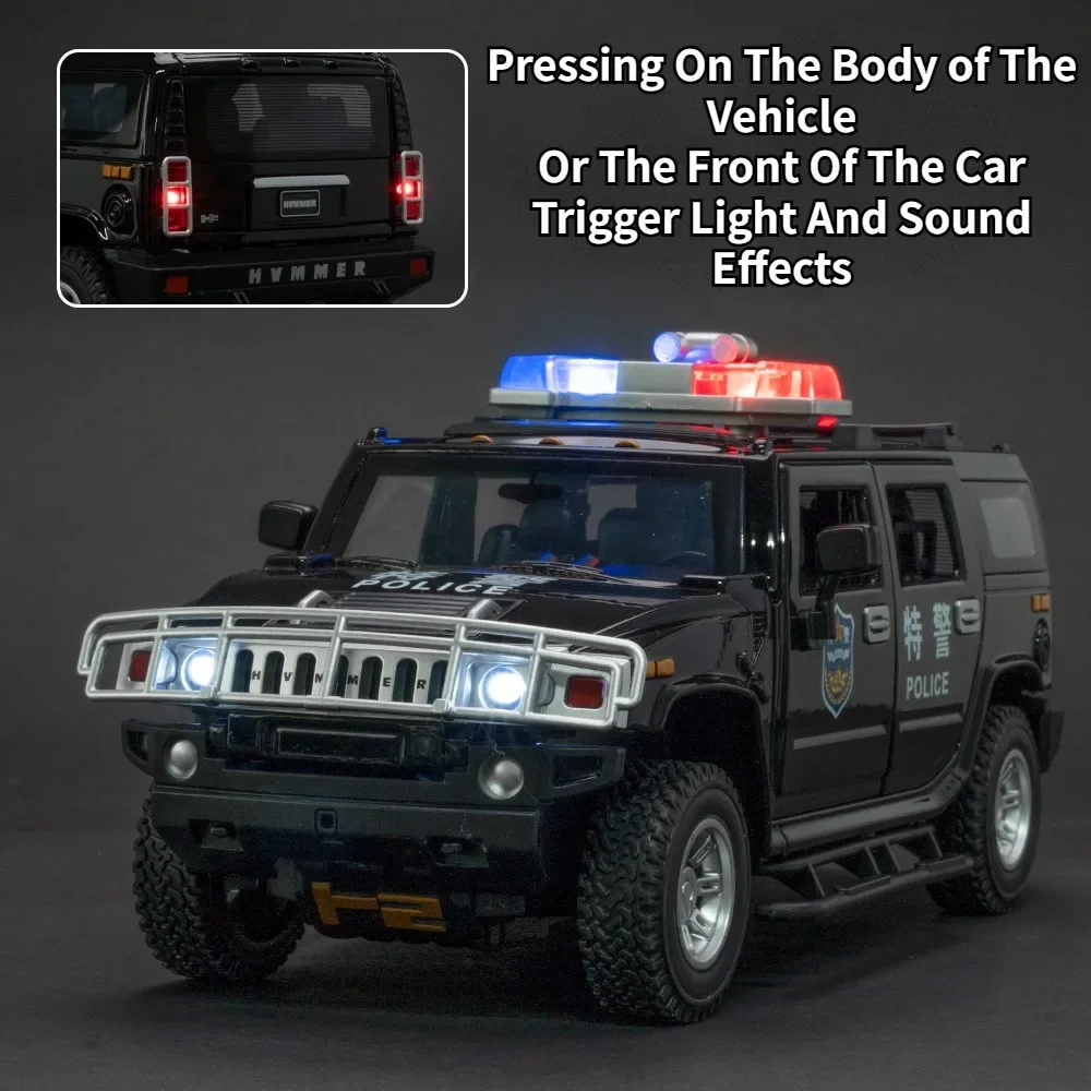 1:24 hummer h2 carro de polícia modelo de brinquedo liga diecast awst carros 6 portas abertas luz de som puxar para trás veículo off-road presentes do festival