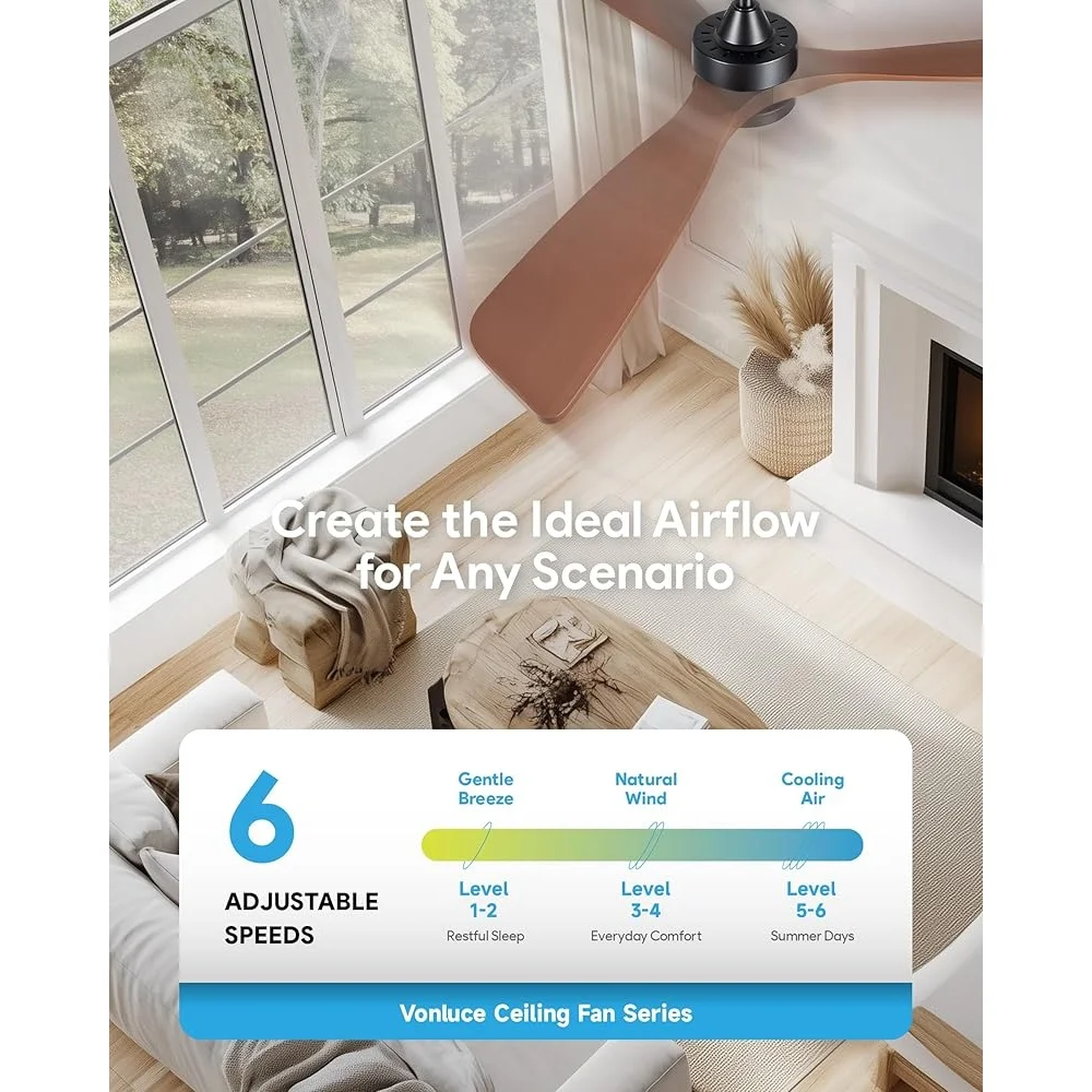 52-дюймовый потолочный вентилятор с подсветкой, пульт дистанционного управления, 6-скоростной реверсивный бесшумный двигатель постоянного тока для использования в помещении и на открытом воздухе с функцией памяти таймера