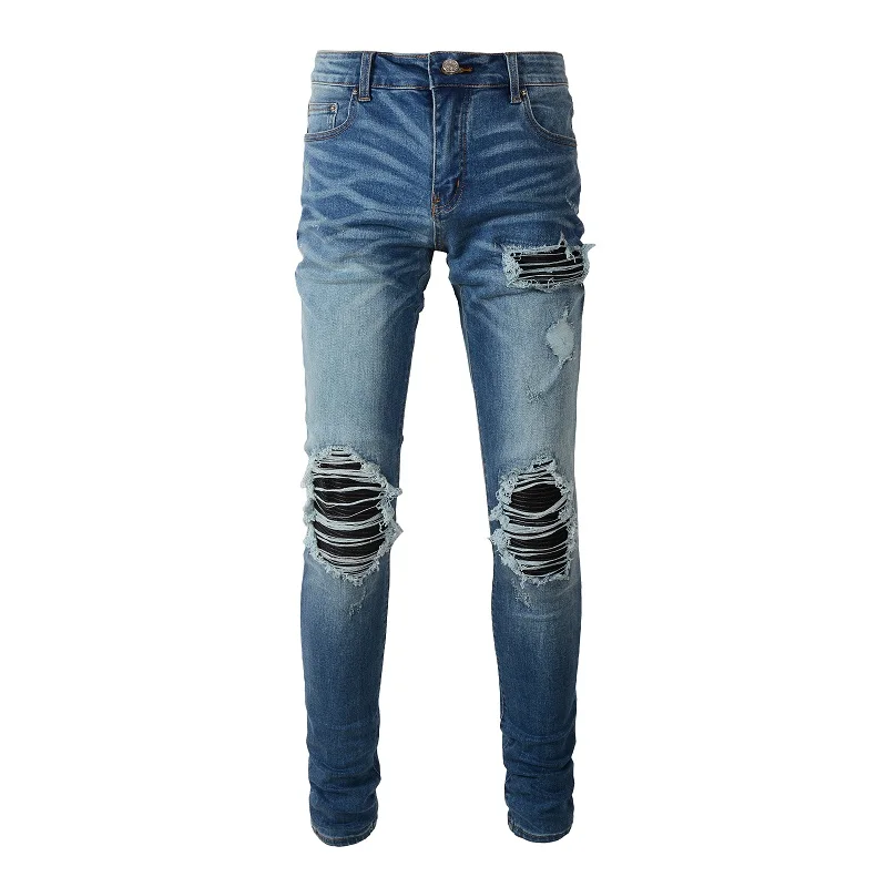 Men Leather Patch Stretch Denim Jeans Streetwear Skinny Tapered Pants Pleated Patchwork Holes Ripped Distressed Trousers