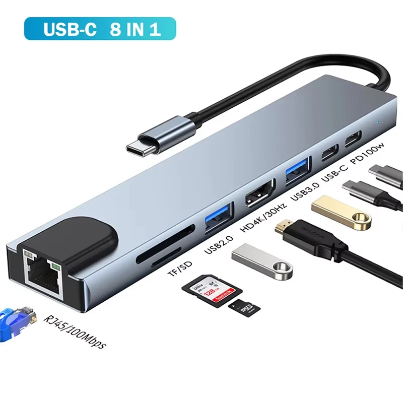 

8 in 1 USB C Hub Type-C to Multiports 4K RJ45 PD Charge SD/TF Card Reader Type C To USB Adapter Dock For MacBook Air Pro PC