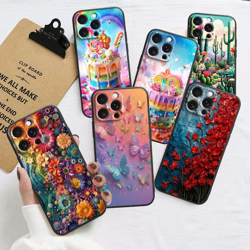 

Art Color Flower Butterfly For Apple iPhone 17 16 16E 15 14 13 12 11 Air Pro Max Plus Black Soft Silicone Cover Phone Case