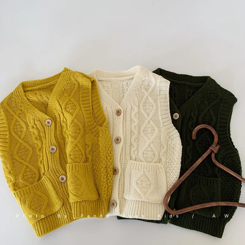 

Вязаный жилет для девочек, весна-осень 2024, корейский модный простой однотонный свитер, детский жилет для детей, пальто, одежда для малышей