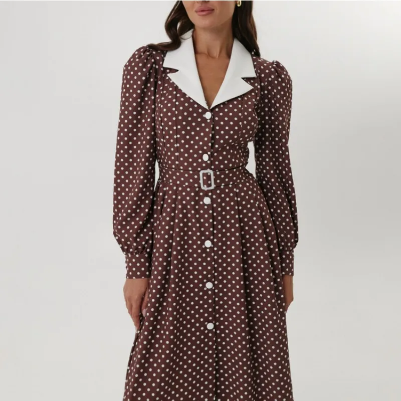 エレガントな女性のドットプリントフレンチドレスヴィンテージオフィスレディロングランタンスリーブラペルシングルブレスト流れるAラインシャツドレス