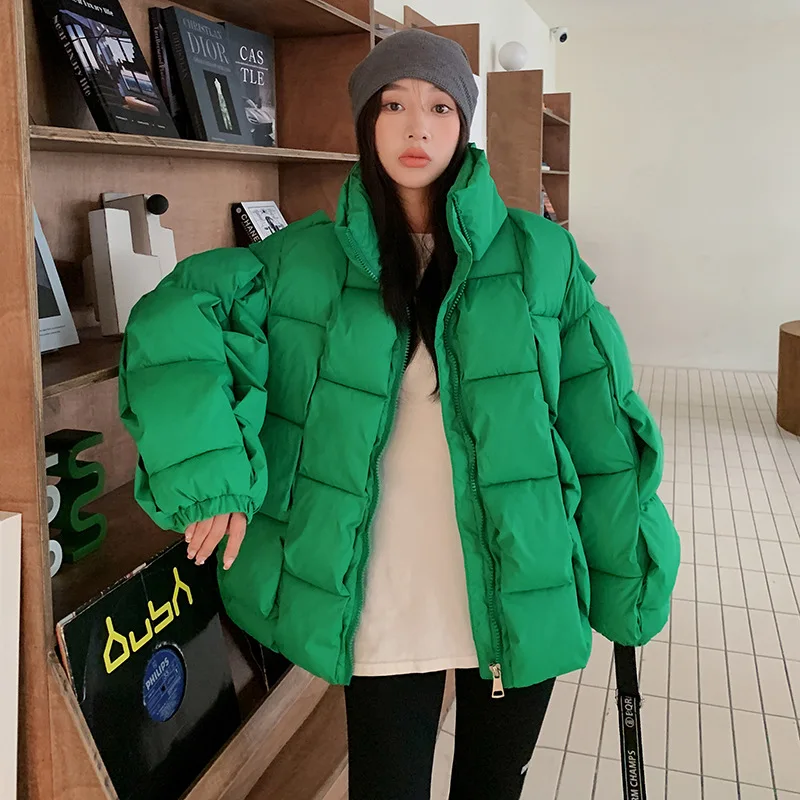 Three Dimensional Plait Warm Women's Winter Jacket Zipper Stand Elastic Cuffs Parkas Jacket Green Baggy Fashion Coats Streetwear