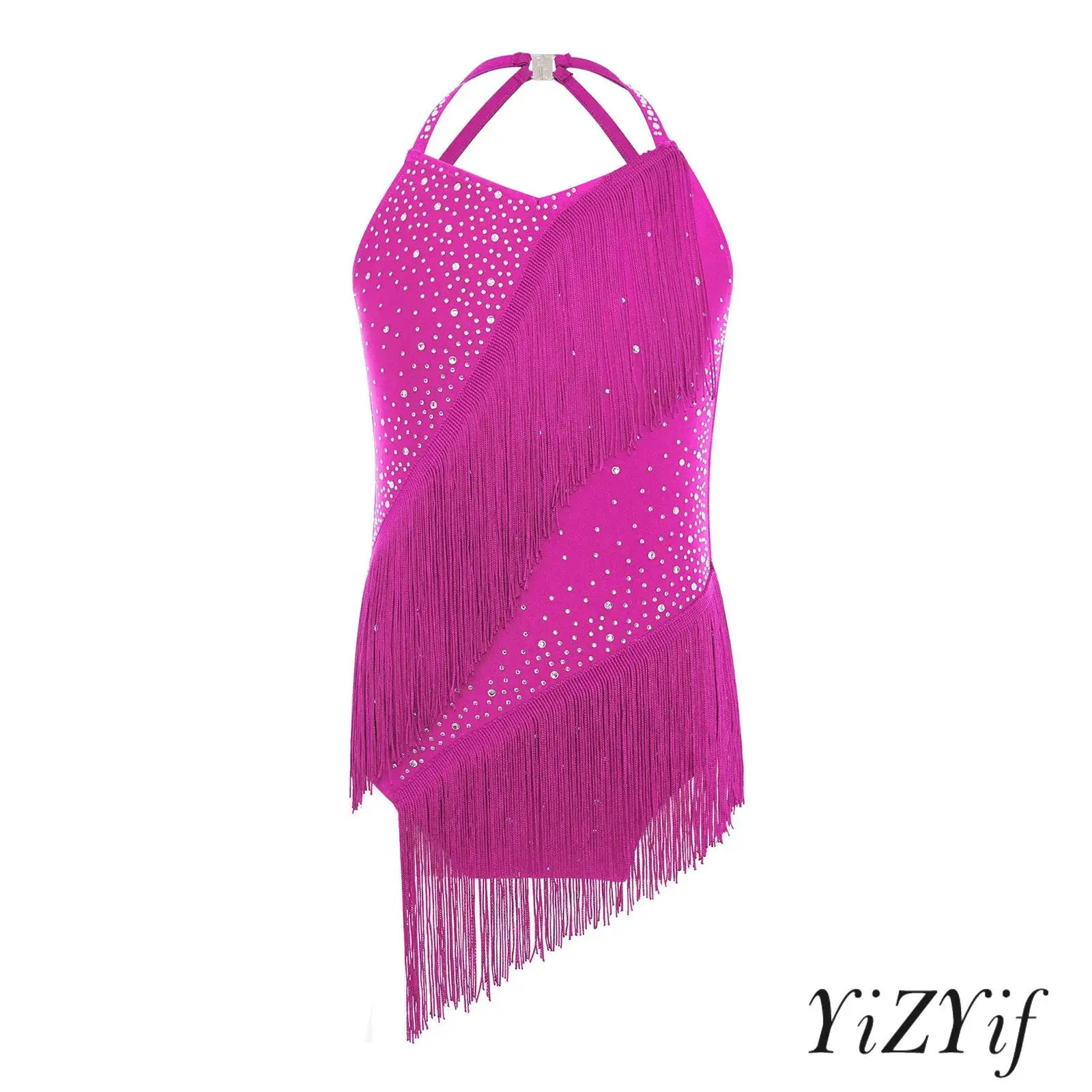 

Kids Girls Lyrical Gymnastics Leotard Sleeveless Halter V-Neck Backless Shiny Rhinestones Latin Dance Outfit for Stage Show