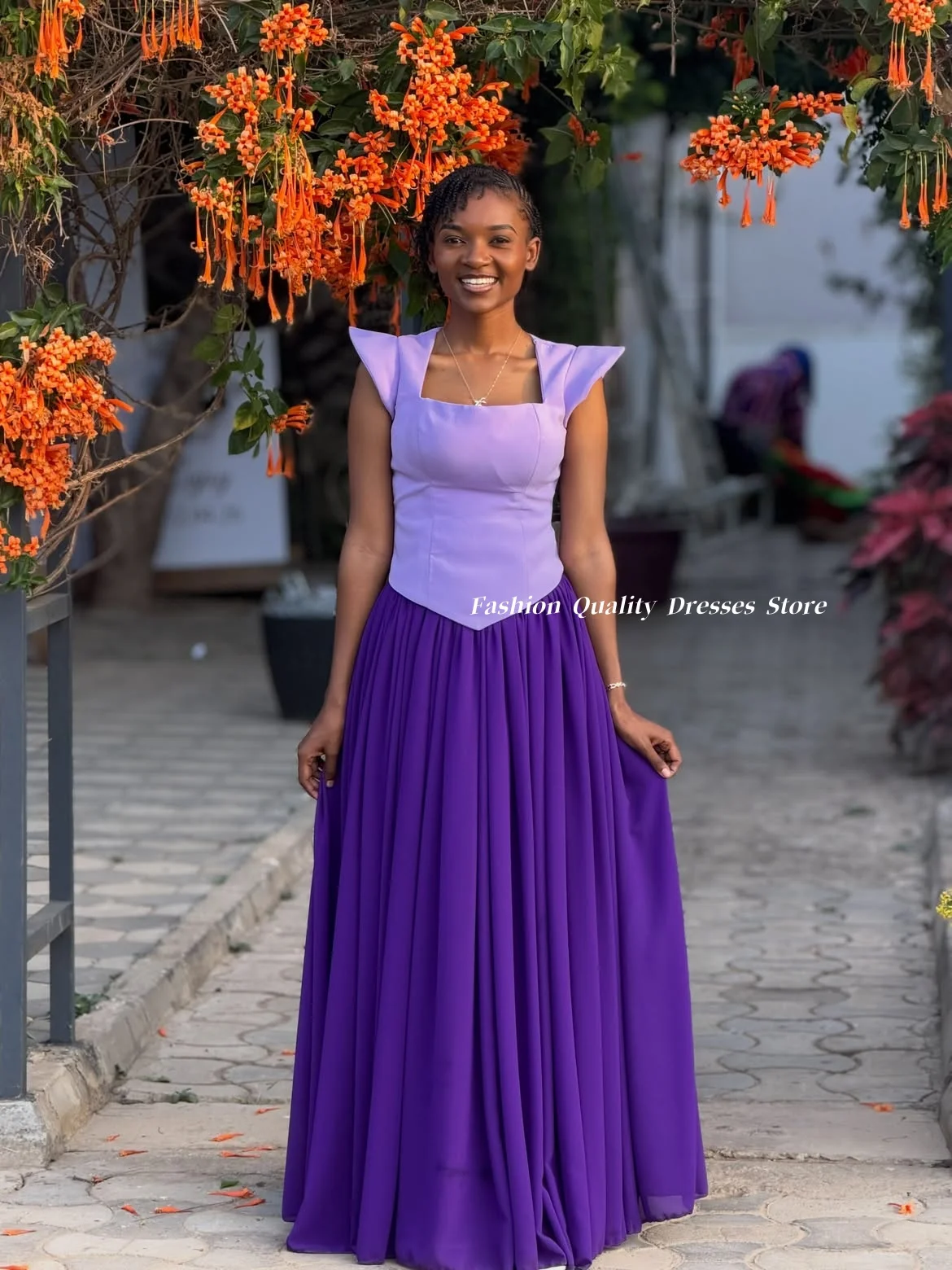 Evening Dress Square Neck Fly Sleeve Chiffon Long Maxi Gown 2026 Purple Color Block Elegant Women Formal Party DressesCustomized