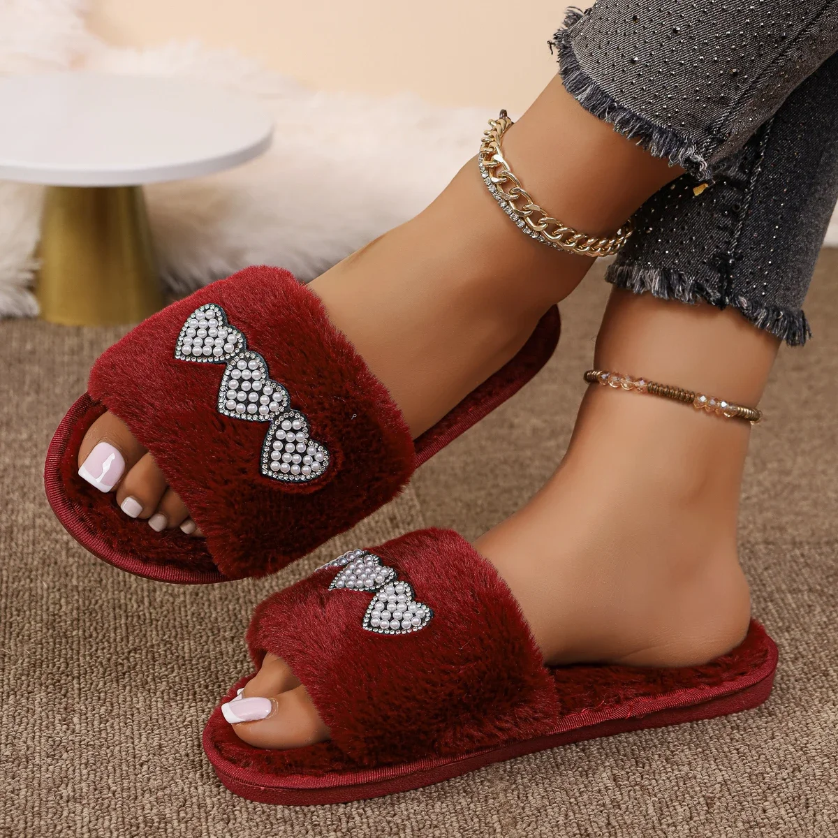 Pearl Fluffy Luxury Heart  Furry Red Slippers Women Autumn 2026 Shiny Crystal Soft Soled Plush Shoes Ladies Plus Size Home Shoes