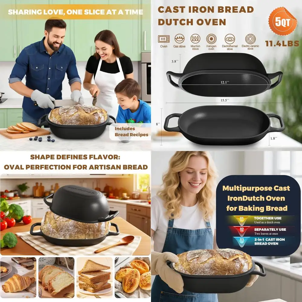 

Pre-Seasoned Cast Iron 12x8 Bread Baking Pan for Dutch Oven and Sourdough Loaves