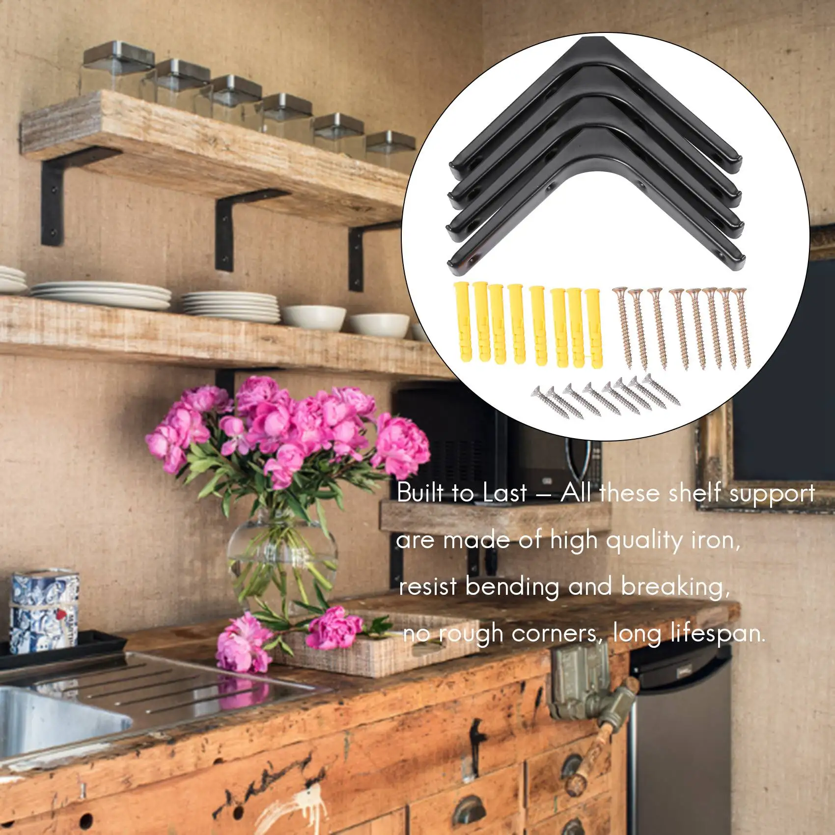 ABNG 4 قطع دعامة رف جدارية حديدية، دعامة دعم للرف شديدة التحمل، دعامة زاوية مشتركة للزينة، أسود