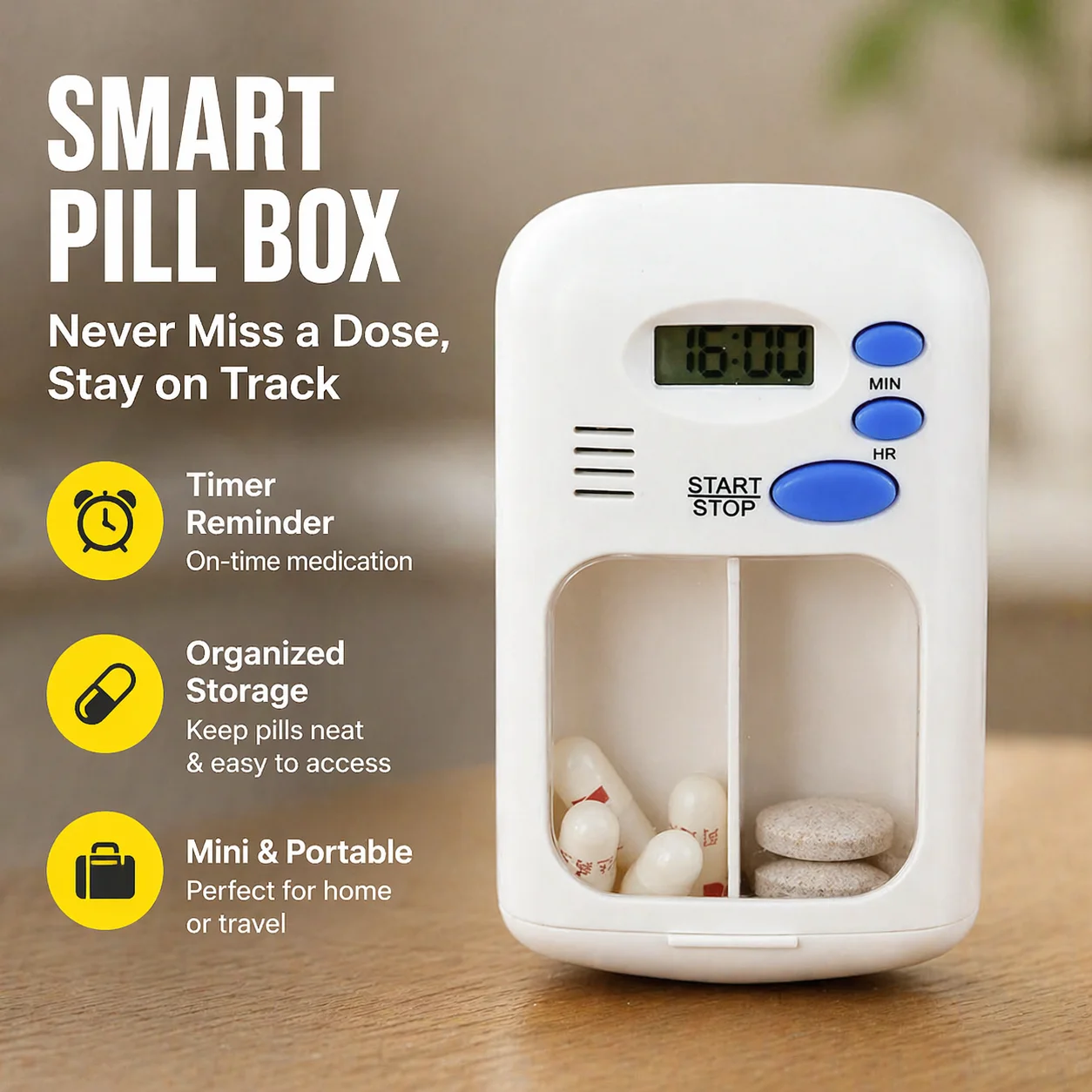 Portable Smart Pill Box with Timer Alarm Reminder Electronic Pill Case Digital Medication Organizer for Elderly Travel Health