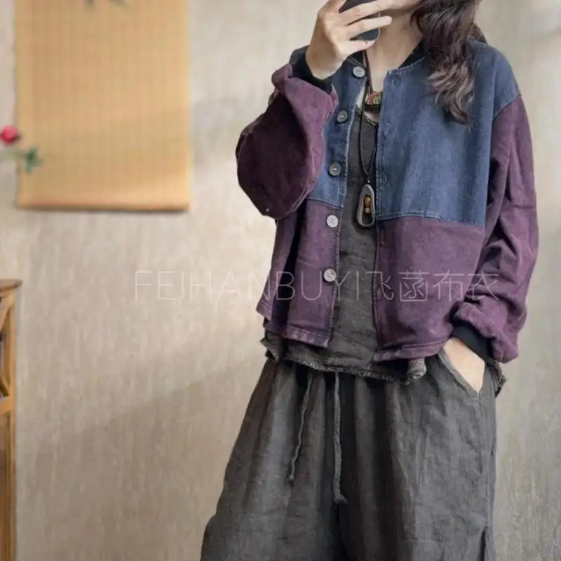 

Autumn New Arts Style Women Long Sleeve Single Breasted Loose Short Coat Patchwork Cotton Denim Vintage Jackets Good Quality