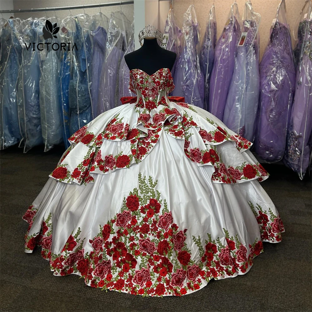 

Amazing White Quinceanera Dresses Mexican Red Flower Embroidery Ruffle Ball Gown With Bow vestidos de 15 quinceañera Customized