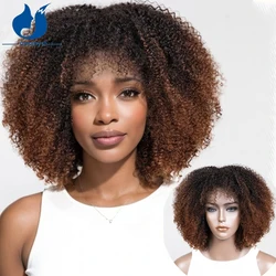 Amethyst Ombre Afro Kinky Curly Human Hair Wig with Bangs for Women Full Machine Made Wig Scalp Top Coily Texture Brown Bob Remy