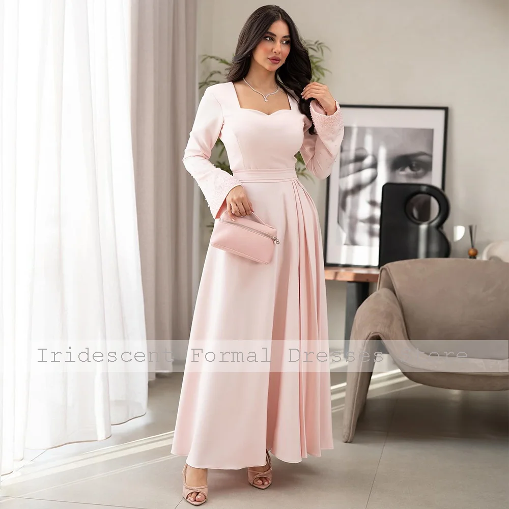 สีชมพูอ่อนชุดราตรีสําหรับผู้หญิง 2025 ประดับด้วยลูกปัดแขนยาว Maxi ชุดราตรี Sweetheart ข้อเท้าความยาวสายอย่างเป็นทางการ