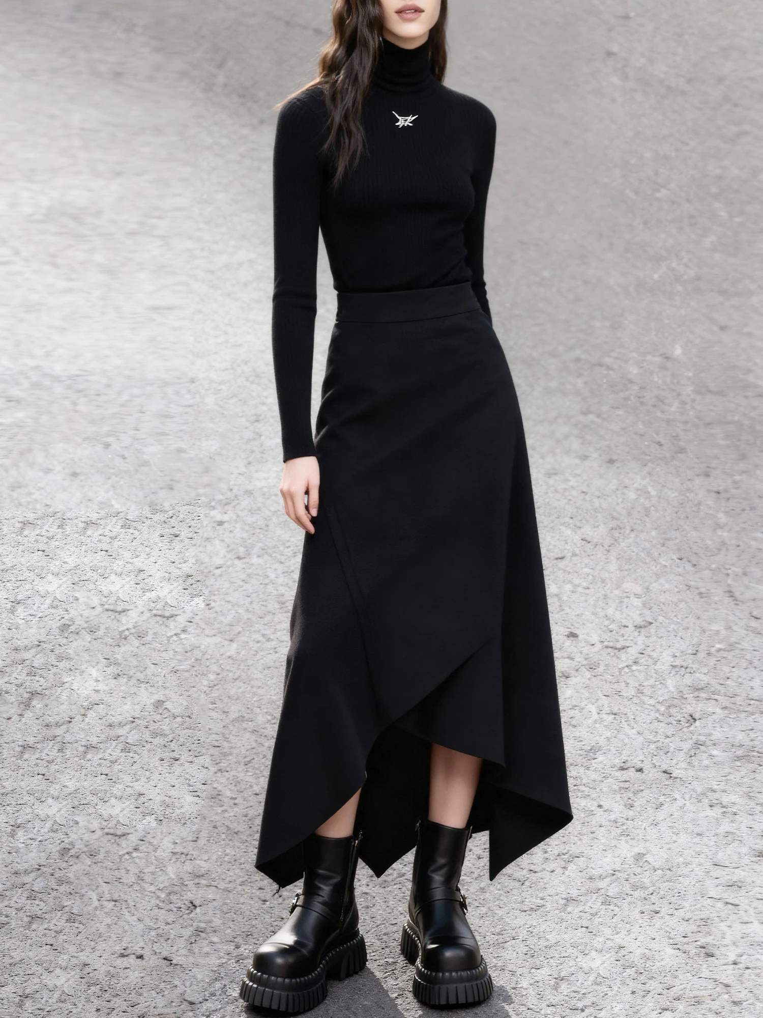 하이웨이스트 언밸런스 밑단 미디 스커트 슬리밍 블랙 하프 스커트 클라우드 브레이드 사이드 지퍼 데일리 여행용 폴리에스터 섬유