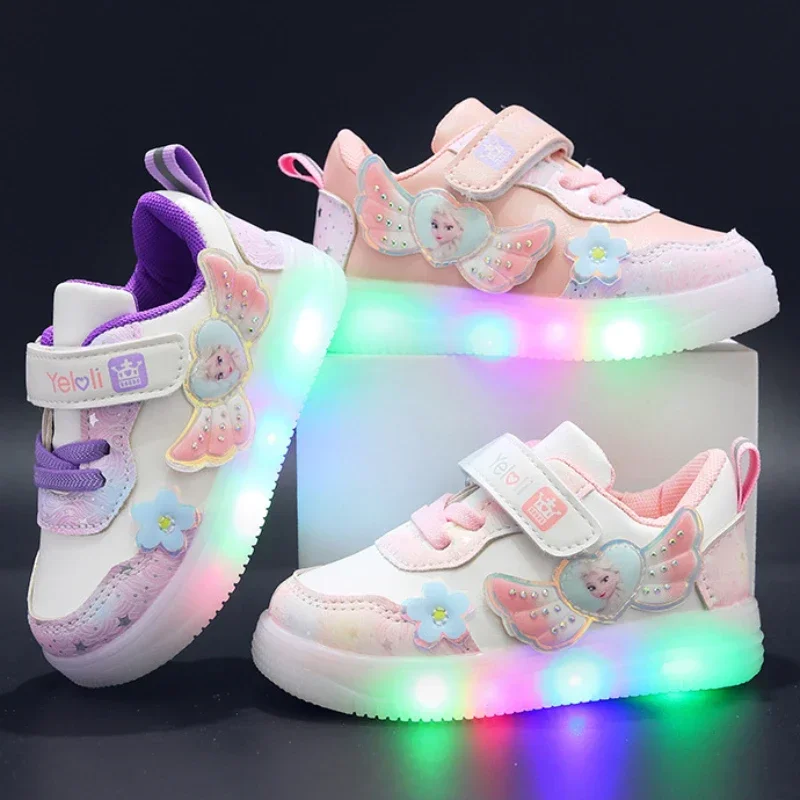 

Детская обувь со светодиодной подсветкой Disney, модные кроссовки принцессы Эльзы для девочек, детская повседневная обувь с героями мультфильмов, нескользящая детская спортивная обувь