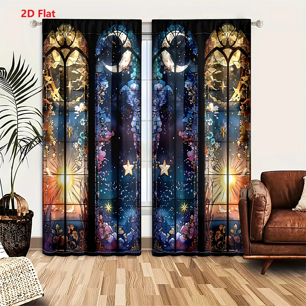 

2pcs Retro Glass Sun And Moon Print Curtains Pole Pocket. These Boho Window Drapes For Bedroom Decorative Window Treatments.