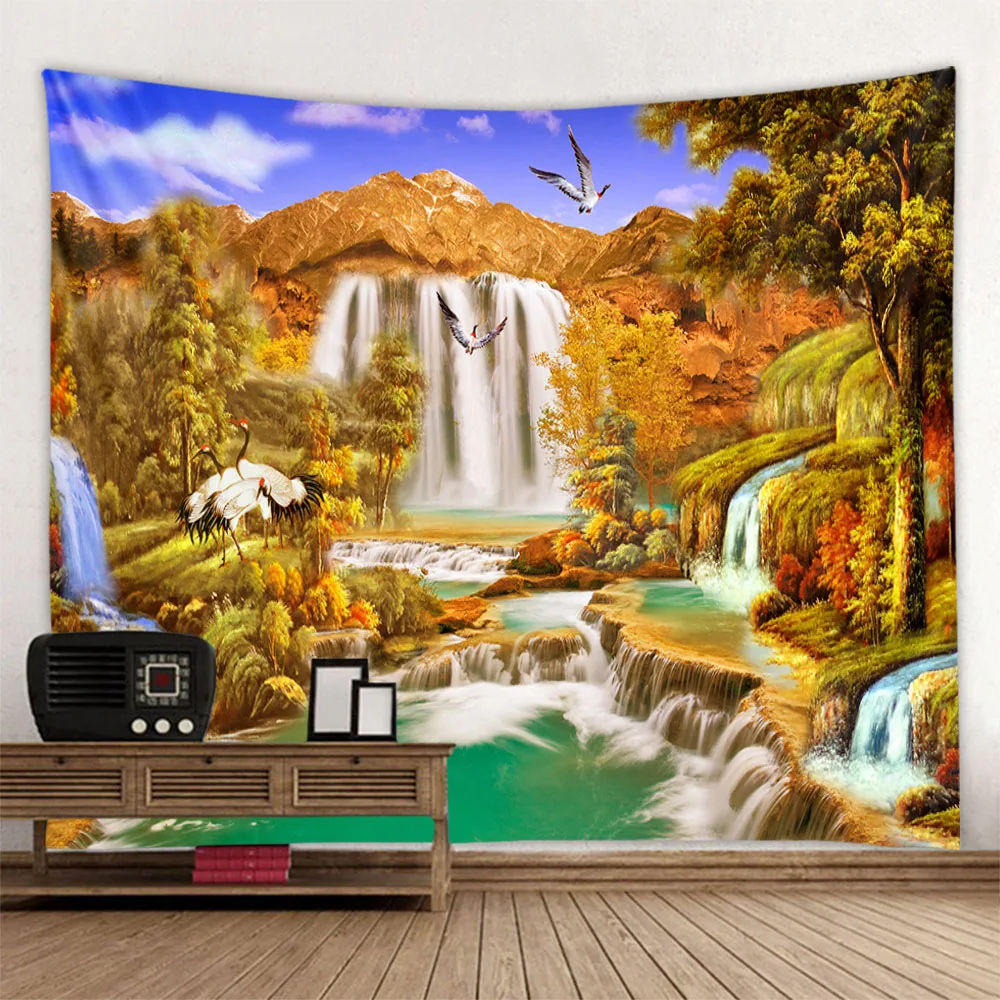 Landscape oil painting tapestry forest waterfall wall hanging Bohemian home wall decoration background cloth living room bedroom