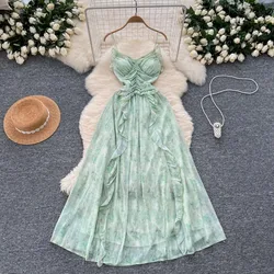 Chic Print Elegant Pleated V-neck Korean Sexy Straps Dress Vintage High Street Hotsweet Slim Fairycore Summer Women Clothing