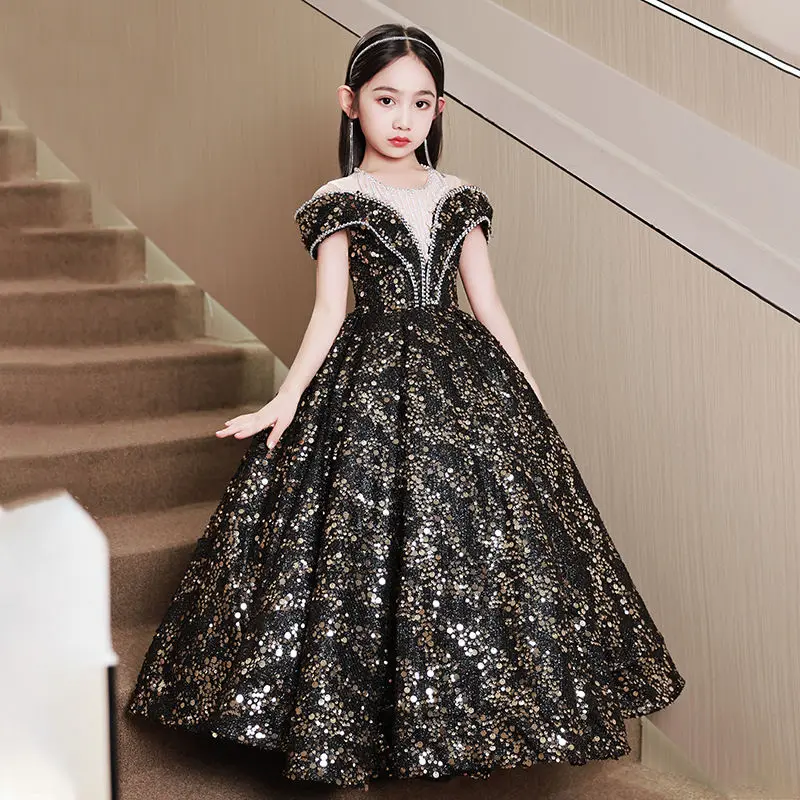 2024 New Formal Girls 3 to 12 Years Old Sparkling Sequin Back Tie Occasion and Festival Off Shoulder Dress Teen Party Dress Blac