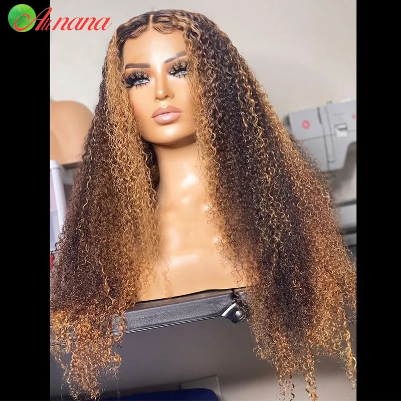 Mel loira kinky encaracolado perucas dianteiras do laço pré-arrancadas destaques encaracolado 13x6 perucas frontais do laço perucas de remy do cabelo humano 180% densidade