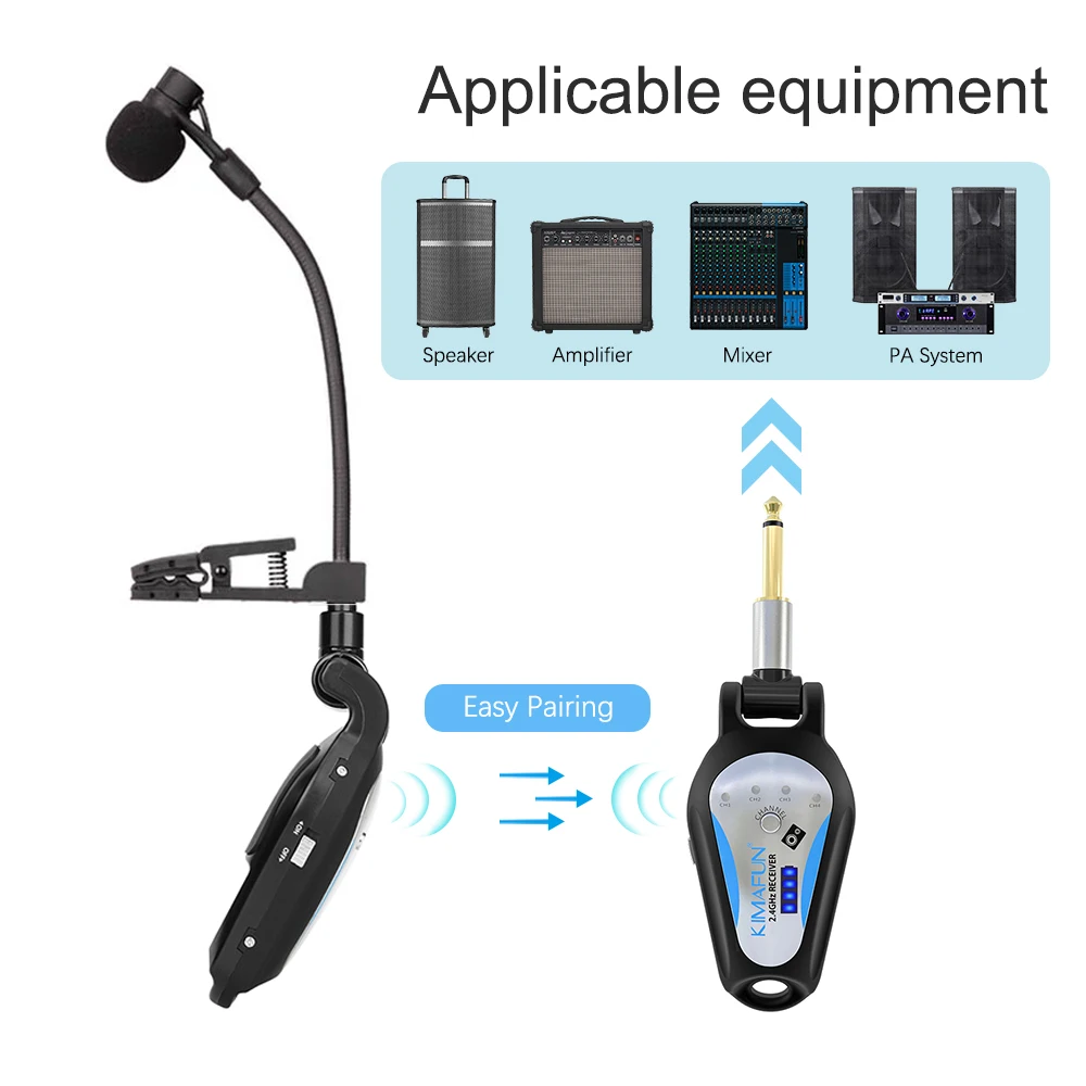 KIMAFUN microfono per sassofono tromba Wireless corno francese Tuba strumento musicale Mic esterno portatile per spettacoli teatrali