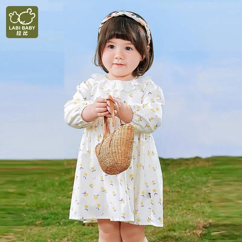 

White Flower Girl Dresses Floral Fall Dresses Flowers Print Long Sleeve Dress Lace Neck Kids Knee Length Dress Baby Clothes