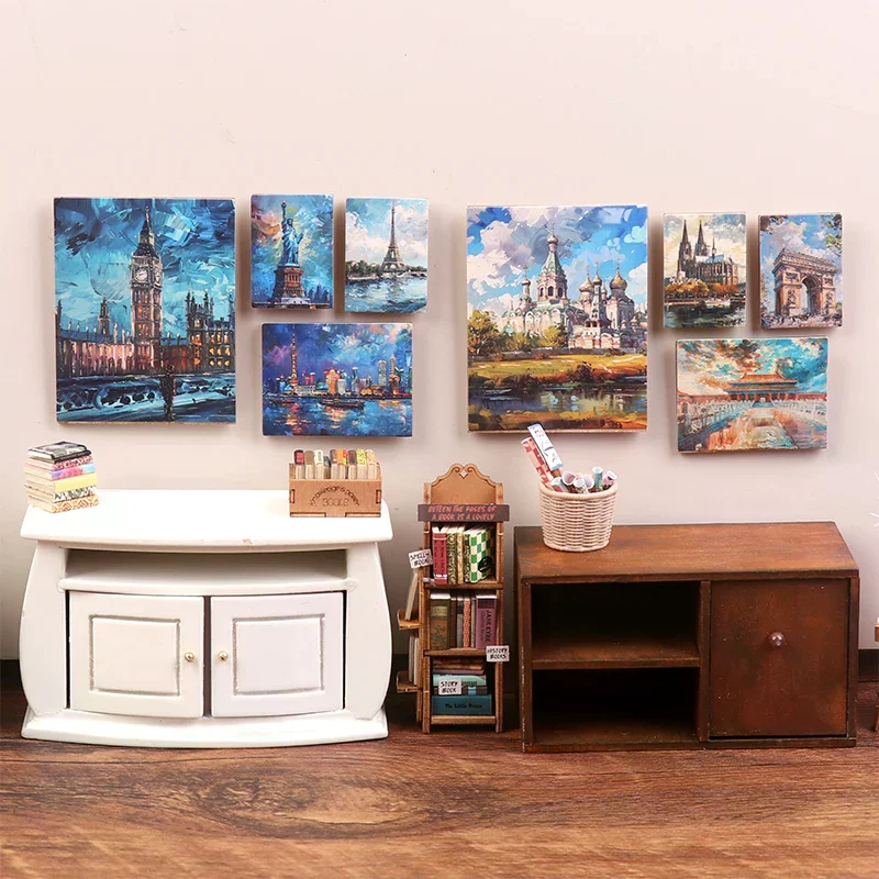 4Pcs/set 1/12 Dollhouse Simulation Oil Painting Mural Wall Picture Model Dollhouse Mini Living Room Decoration Micro Scene Decor