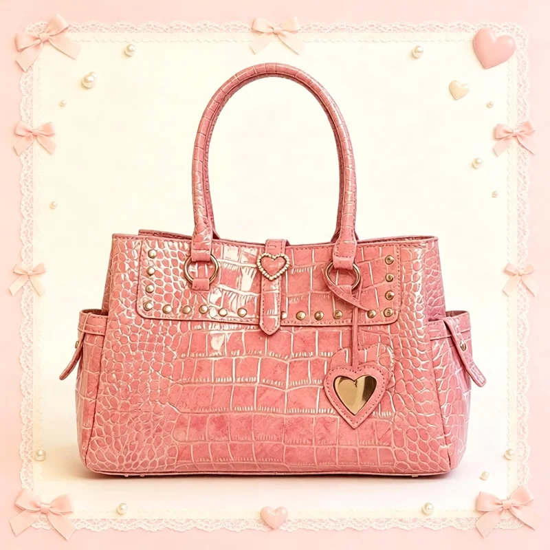Luxury Crocodile Texture Tote Bag Pink Heart Pattern Crossbody Handbag Fashion Large Capacity Commuter Purse Designer Style