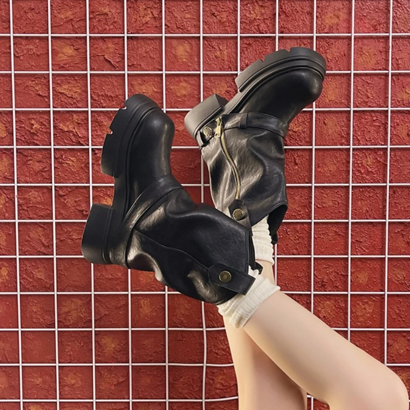 

Винтажные женские мотоциклетные ботинки в британском стиле, туфли на платформе и каблуке, осенние современные короткие ботильоны Zapatos De Mujer