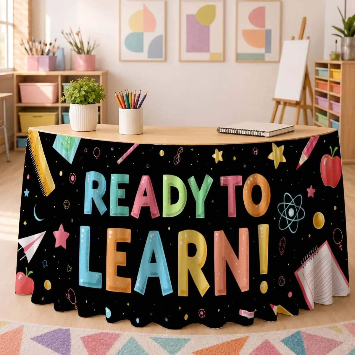 1 PC party table skirt,black background with the slogan 