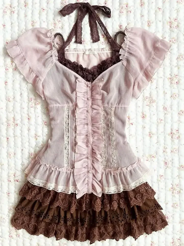 ヴィンテージ Y2K スリム レース 3点セット レディース服 ゴス パンク 半袖 原宿 韓国 90年代 ホットガール 夏 スイート フェアリー ファッション