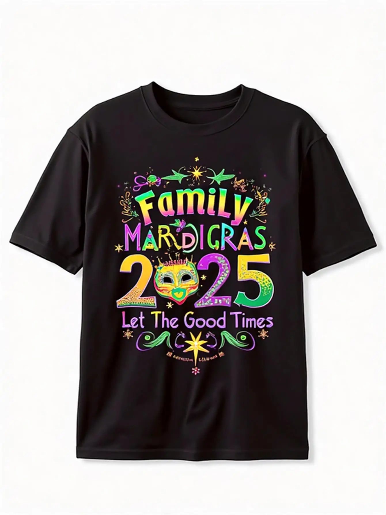 

Men's 2025 Mardi Gras Themed T-Shirt, Soft 100% Cotton, Comfortable Short-Sleeve, Brightly Colored New Orleans Party Shirt with Mask, Beads, and Iris Design, Machine Washable Casual Top Suitable for Spring and Summer Celebrations and Everyday Wear, Festiv