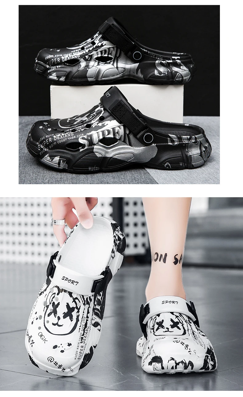 Bedruckte Clogs für Herren, Sommer-Outdoor-Schuhe, Rutschfeste Doppelfunktions-Sandalen mit Dicker Sohle, Herren-Strand-Zehensteg-Slipper – Detail 8