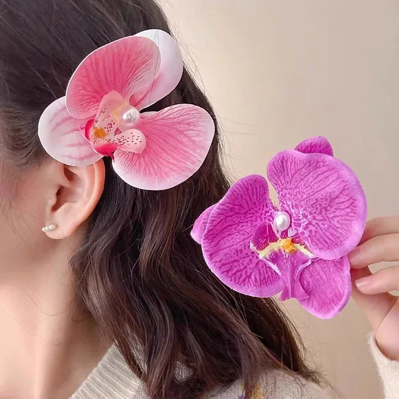 Sweet Pink Orchid Flower Hair Clip Headdress Korean Pearl Flower Hairgrip Barrettes Ornament Bohemia Bridal Hair Accessories