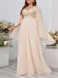Plus Size V Neck  Sequin Loose Long Dress 5XL6XL Big Size Ruffled Black Chiffon Short Sleeve Summer Dress Women