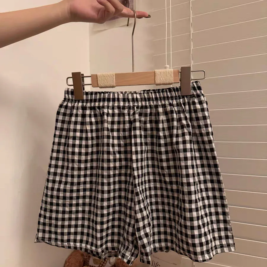 Cotton Girl Plaid Shorts Elastic Waist Band for Home Casual Walking Plaid Shorts Are Breathable and Versatile Black Pajama Pants