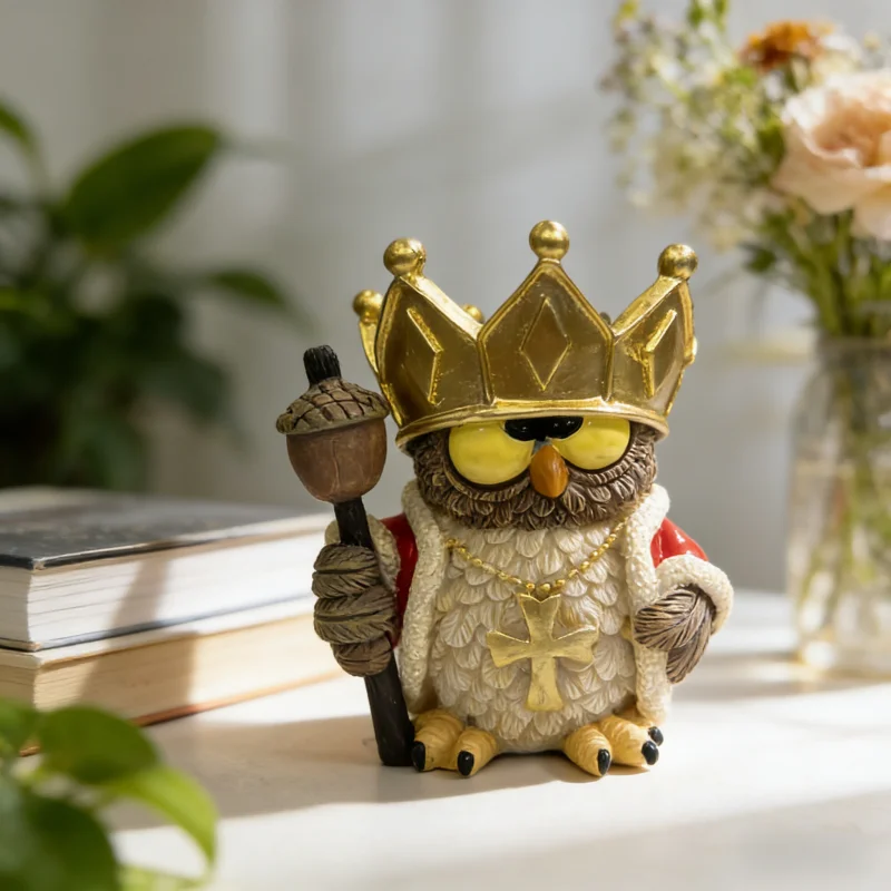 King Owl Resin Statue, Crown & Scepter Owl Figurine, Retro Style Home Decor